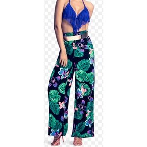 New Look Tall Tropical Satin Feel Wide Leg Pants Flowy Beachy Made In India 10‎
